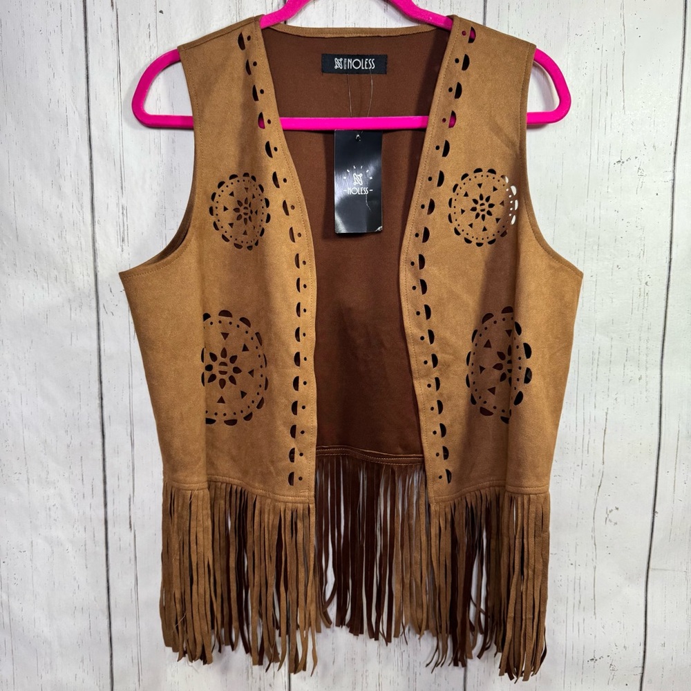 Relish Noless Faux Suede Fringe Vest Brown Boho Festival Western Hippie Retro